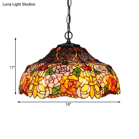 Colorful Petal Glass Chandelier Light Fixture - 3-Light Bronze Suspension Lighting For Dining Room