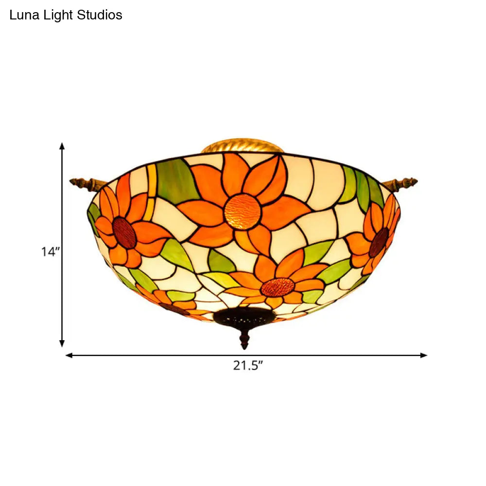 Colorful Stained Glass Flower Ceiling Fixture With 5 Tiffany Style Lights - Pink/Yellow/Blue Semi
