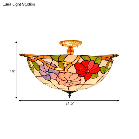 Colorful Stained Glass Flower Ceiling Fixture With 5 Tiffany Style Lights - Pink/Yellow/Blue Semi