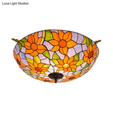Colorful Stained Glass Flower Ceiling Fixture With 5 Tiffany Style Lights - Pink/Yellow/Blue Semi