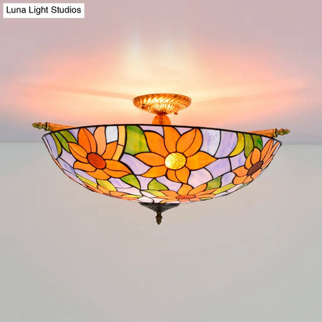Colorful Stained Glass Flower Ceiling Fixture With 5 Tiffany Style Lights - Pink/Yellow/Blue Semi