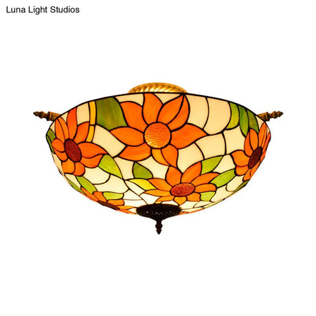 Colorful Stained Glass Flower Ceiling Fixture With 5 Tiffany Style Lights - Pink/Yellow/Blue Semi