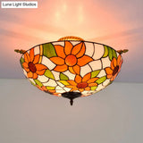 Colorful Stained Glass Flower Ceiling Fixture With 5 Tiffany Style Lights - Pink/Yellow/Blue Semi