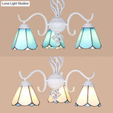 Conical Chandelier With Metal Chain & 3 Lights - Tiffany Stained Glass Foyer Lighting (White/Blue)