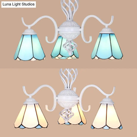 Conical Chandelier With Metal Chain & 3 Lights - Tiffany Stained Glass Foyer Lighting (White/Blue)