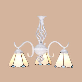 Conical Chandelier With Metal Chain & 3 Lights - Tiffany Stained Glass Foyer Lighting (White/Blue)