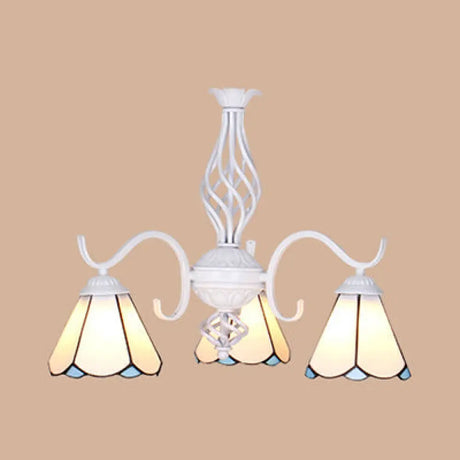 Conical Chandelier With Metal Chain & 3 Lights - Tiffany Stained Glass Foyer Lighting (White/Blue)