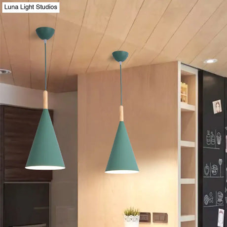Conical Kindergarten Ceiling Pendant - 1-Light Macaron Hanging Light Fixture In Pink/Yellow/Grey