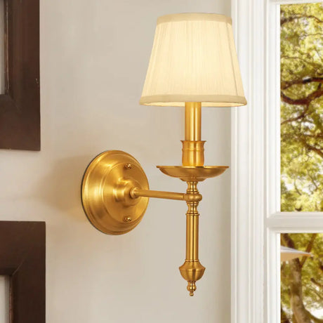 Conical Wall Light With Single-Bulb Fabric Shade Candle Design - Gold Finish / B