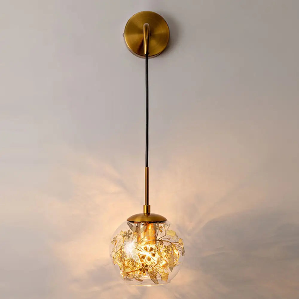 Contemporary 1-Light Clear Glass Bubble Wall Lamp With Foil Flower Decor Gold / Small