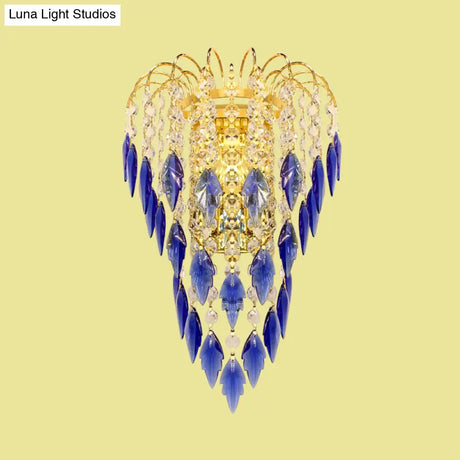 Contemporary 2-Light Brass Finish Wall Lamp With Tan/Blue Crystal Shade