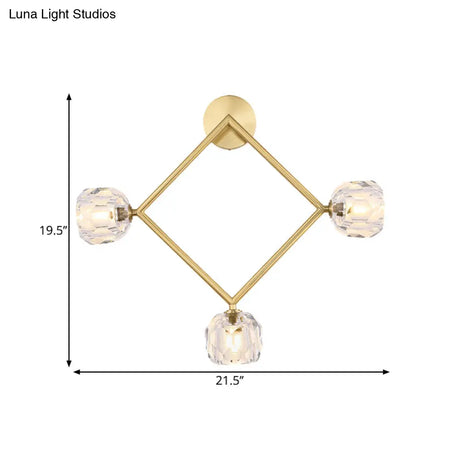 Contemporary 3-Head Brass Wall Sconce With Modo Crystal Shade - Ring/Square Light Fixture