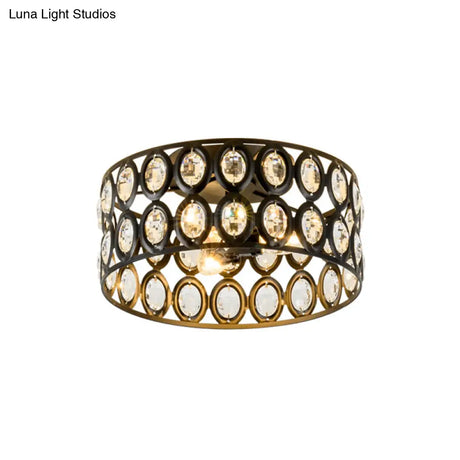 Contemporary 3-Light Metal And Crystal Flush Mount Ceiling Light (Black Cylinder Design)
