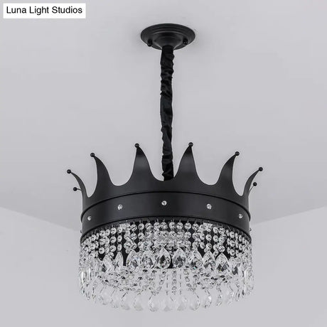 Contemporary 4-Bulb Black Pendant Chandelier With Crystal Droplet - Crown Shape Metal Suspension