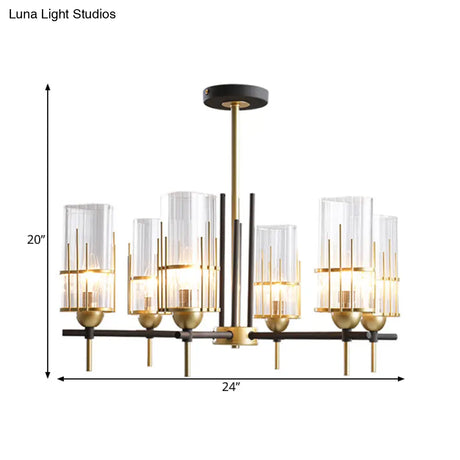 Contemporary 6-Head Black And Gold Chandelier Pendant With Clear Glass Triangular Prism