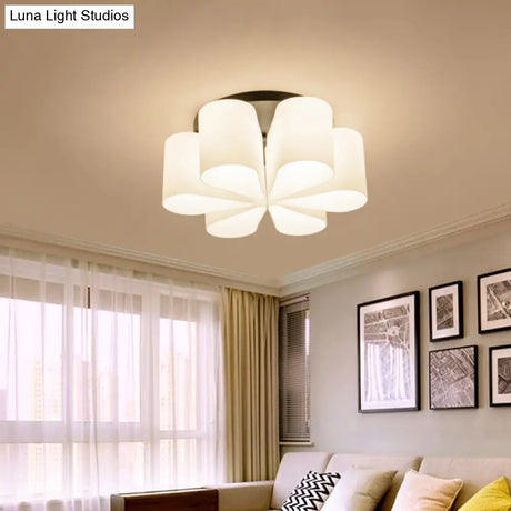 Contemporary 6 - Head Black Flush Mount: Flower Milk White Glass Lighting For Living Room
