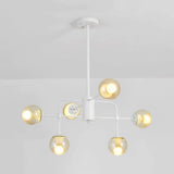 Contemporary 6-Light Hanging Chandelier With Glass Orb Shades - Black/White Finish White