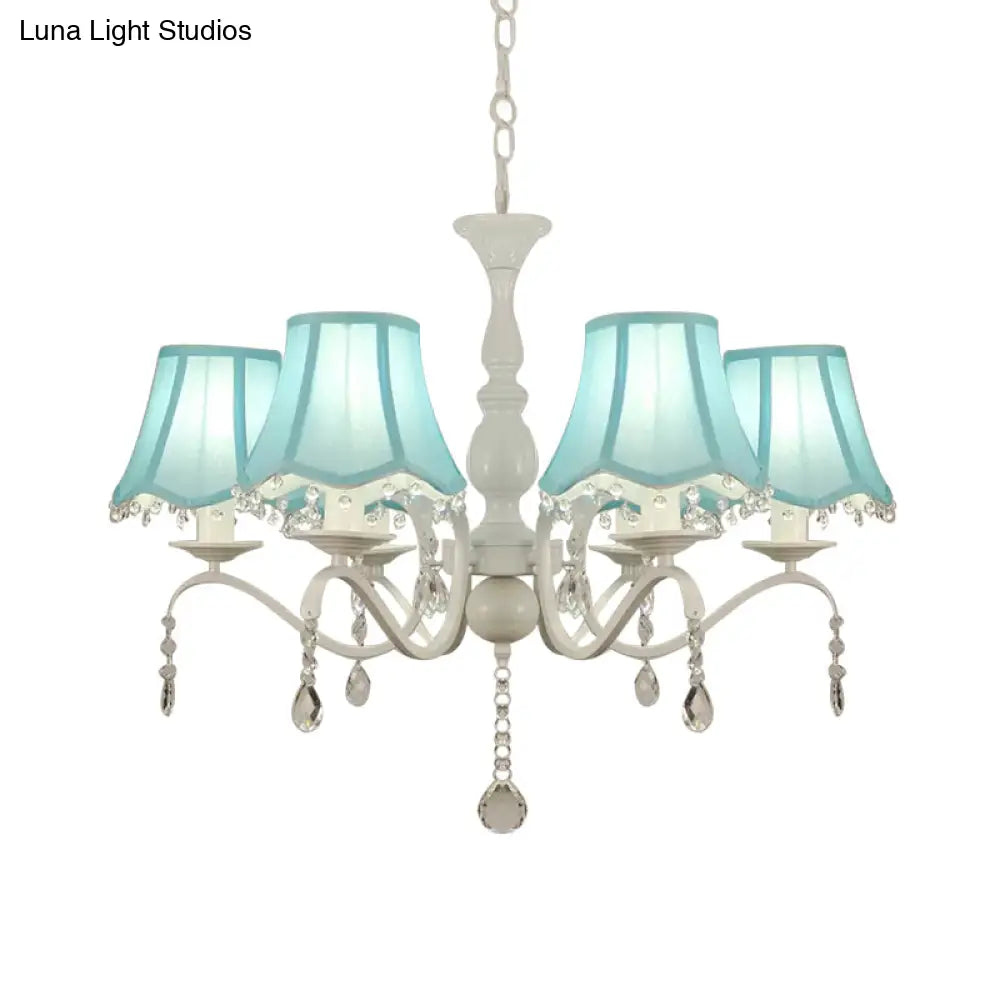 Contemporary 6-Light Pink/Blue Scalloped Fabric Pendant Chandelier With Crystal Droplet