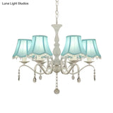 Contemporary 6-Light Pink/Blue Scalloped Fabric Pendant Chandelier With Crystal Droplet