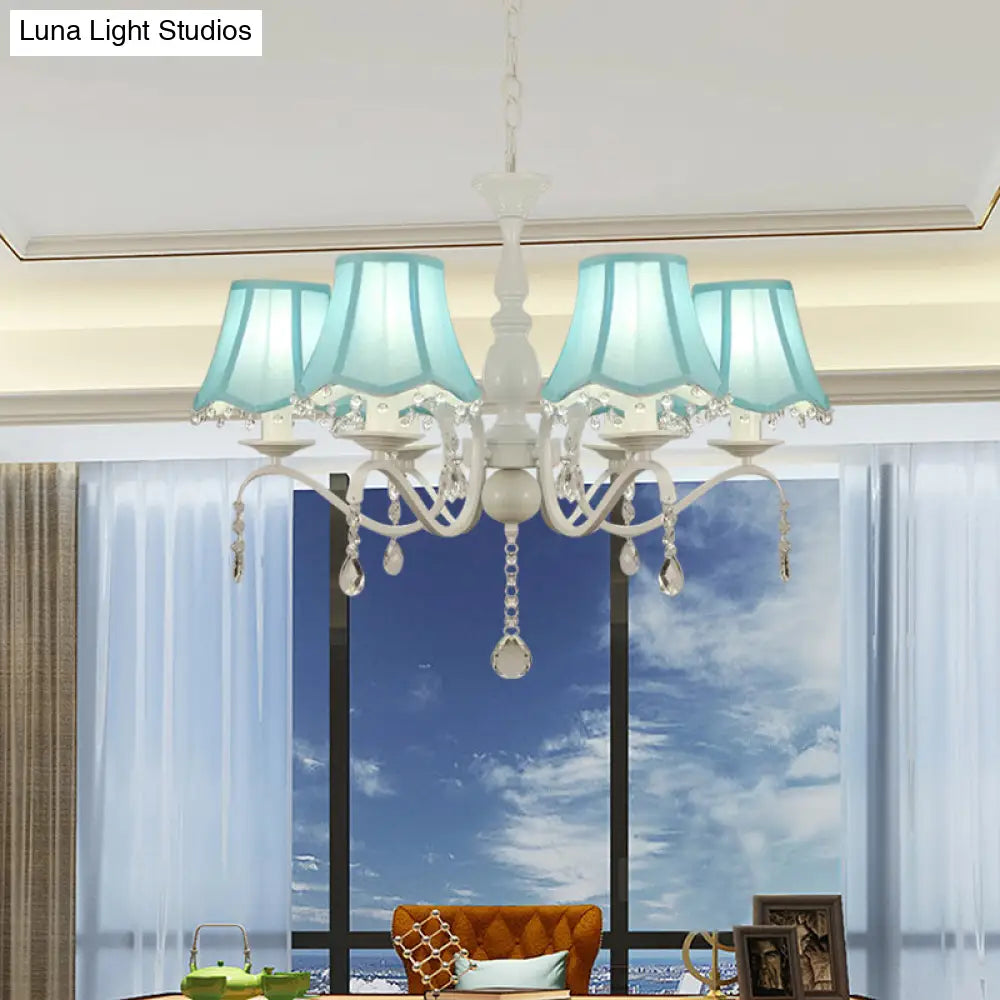Contemporary 6-Light Pink/Blue Scalloped Fabric Pendant Chandelier With Crystal Droplet
