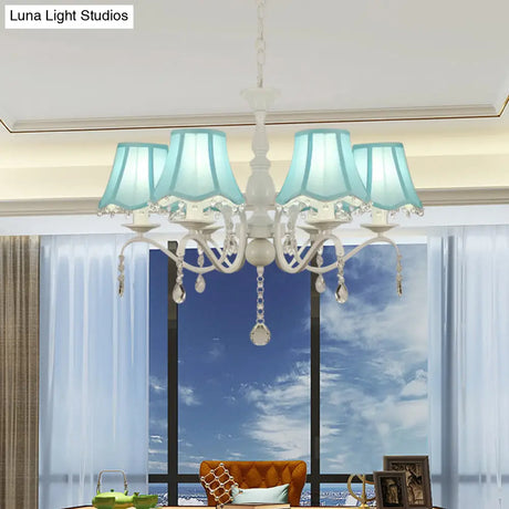 Contemporary 6-Light Pink/Blue Scalloped Fabric Pendant Chandelier With Crystal Droplet