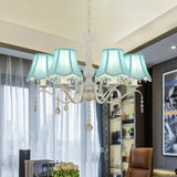 Contemporary 6-Light Pink/Blue Scalloped Fabric Pendant Chandelier With Crystal Droplet Blue