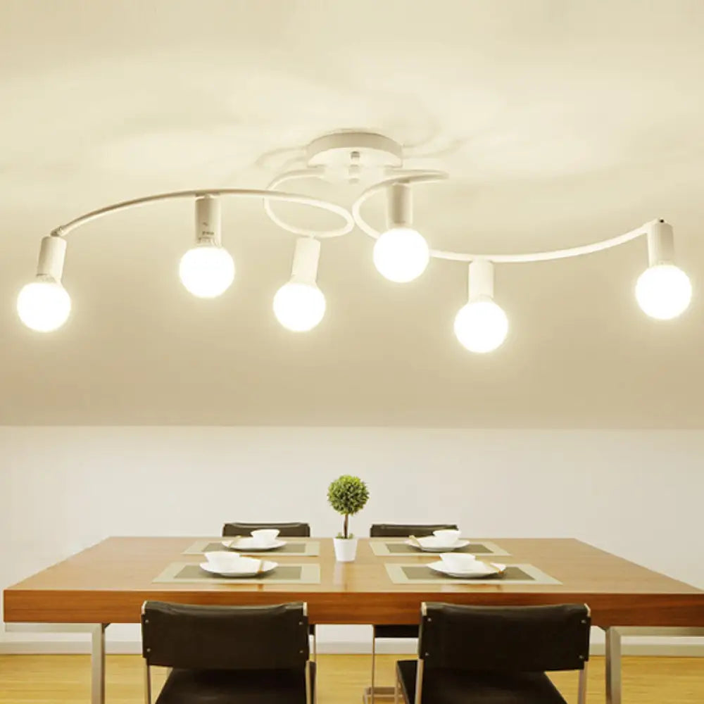 Contemporary 6 - Light Semi Flush Light Fixture With Curved Arm And Opal Glass Shade White