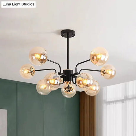 Contemporary Amber Glass Chandelier - 10-Bulb Sphere Pendant Ceiling Light In Black For Living Room