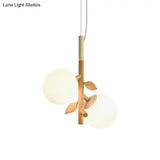 Contemporary Ball Chandelier - White Frosted Glass 2/3 Heads Wood Ceiling Lamp Stylish Dining Room