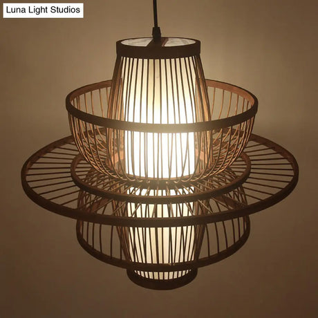 Contemporary Bamboo Cage Hanging Lamp With Coffee Finish And Single Bulb Suspension