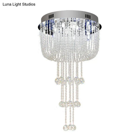 Contemporary Beaded Crystal Led Flush Light Fixture - Nickel Mount Ceiling Lighting For Living Room