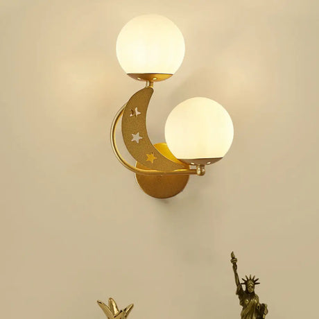 Contemporary Bedroom Sconce Light: 2 Bulbs Black/Gold Wall Lamp With Milky Glass Ball Shades