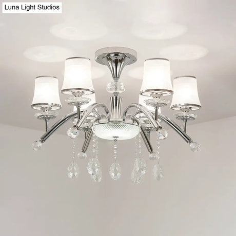 Contemporary Bell Semi Flush Mount Light With Crystal Drop - 6 - Bulb Chrome In Frosted Glass