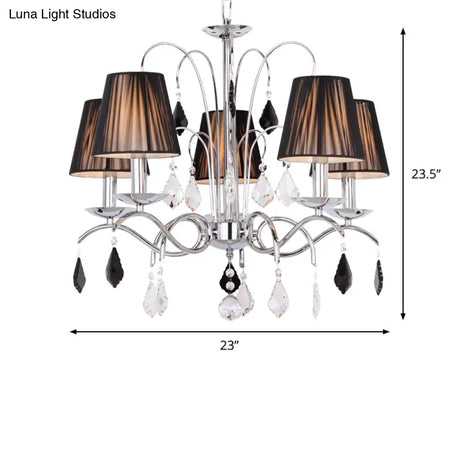 Contemporary Black 5-Light Chandelier With Swirled Arm Pleated Fabric Shade - Ceiling Fixture