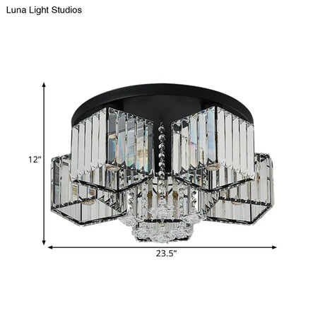 Contemporary Black Canopy Flush Mount Ceiling Light With Clear Crystal Cubic Shade And Flower