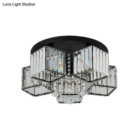 Contemporary Black Canopy Flush Mount Ceiling Light With Clear Crystal Cubic Shade And Flower