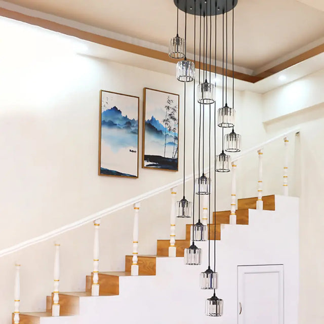 Contemporary Black Cylinder Crystal Pendant - 12 Light Hanging Lamp For Living Room