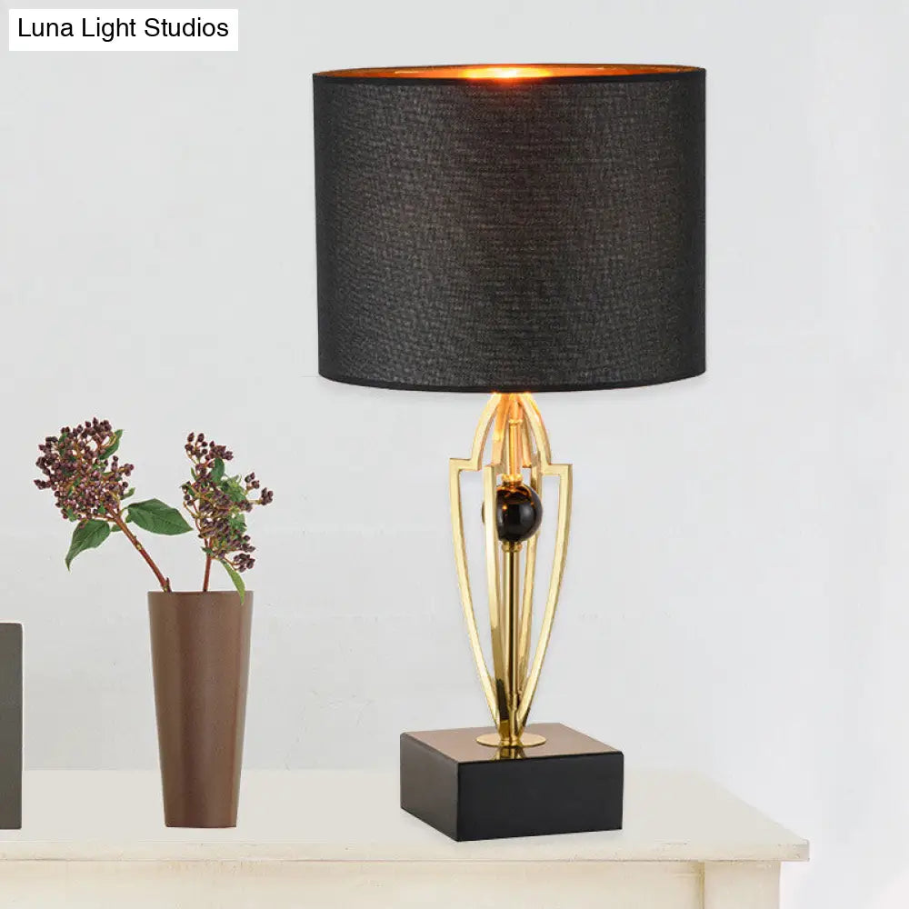Contemporary Black Drum Night Table Lamp With Fabric Shade - 1 Light Nightstand