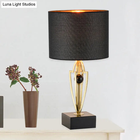 Contemporary Black Drum Night Table Lamp With Fabric Shade - 1 Light Nightstand