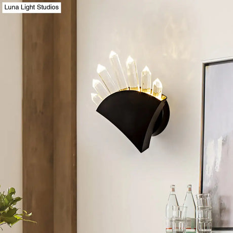 Contemporary Black Fan Wall Light Fixture - Metal Sconce With Clear Crystal Prism 1/2-Light