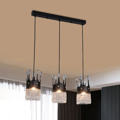 Contemporary Black Metal 3-Head Suspension Light With Crystal Draping For Dining Room / Linear