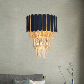 Contemporary Black Tiered Crystal Wall Sconce With 3 Heads - Stylish Living Room Lighting Idea / A