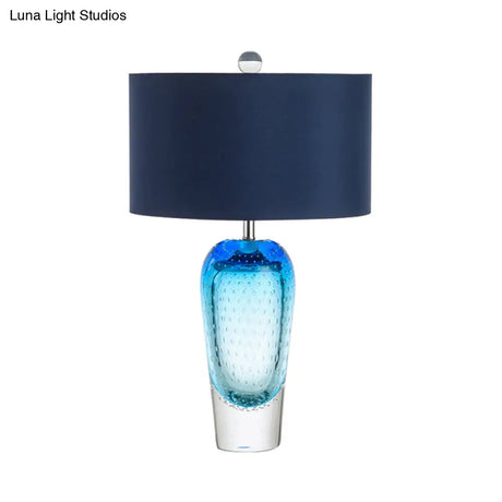 Contemporary Blue Bubble Glass Urn Night Table Lamp With Fabric Shade