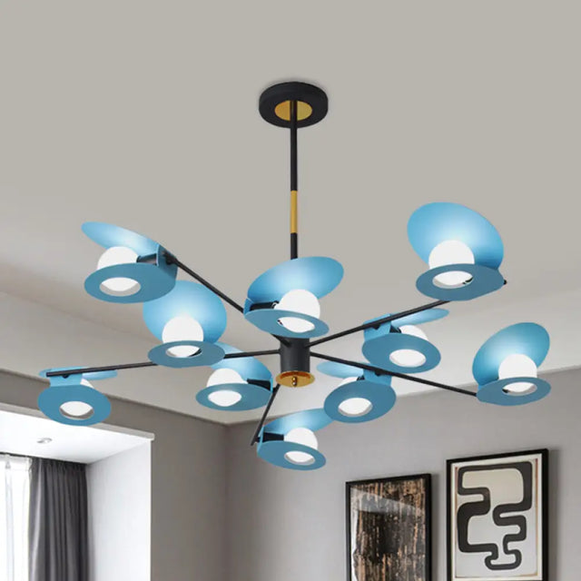 Contemporary Blue Disk Suspension Light Chandelier - Metallic Finish 10-Bulb Living Room Lamp with Hollow Out Design