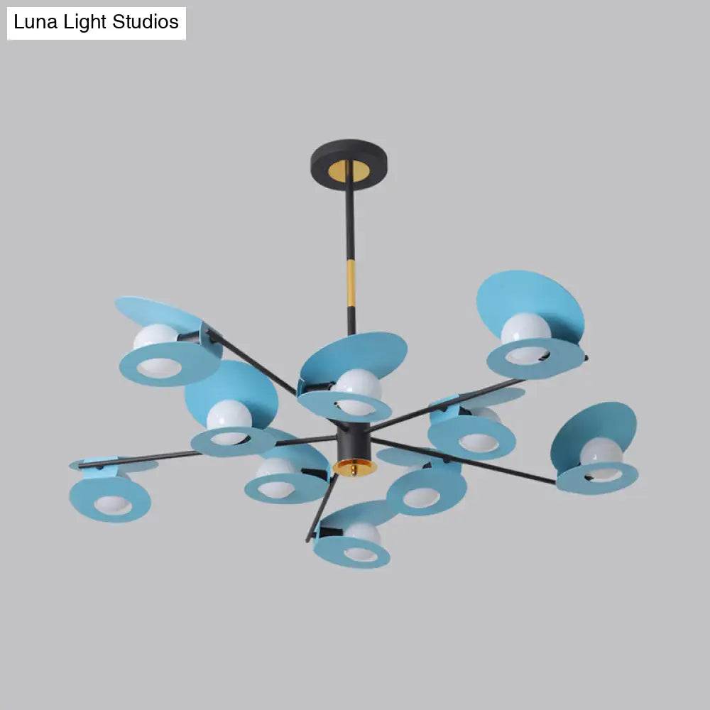 Contemporary Blue Disk Suspension Light Chandelier - Metallic Finish 10-Bulb Living Room Lamp with Hollow Out Design