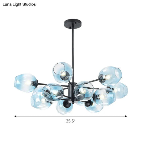 Contemporary Blue Glass Cup Pendant Chandelier - 12 Heads Hanging Ceiling Light For Living Room