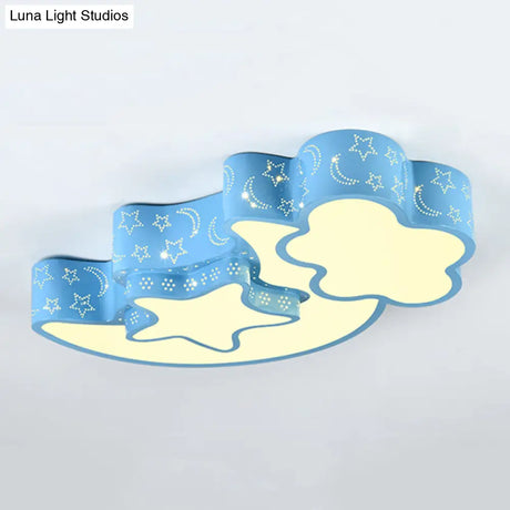Contemporary Blue Moon Star Ceiling Light - Metal Flush Mount For Child Bedroom