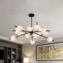 Contemporary Branched Pendant Lamp With 15 Metal Bulbs Black/Gold Finish And Frosted Glass Shades