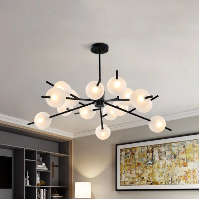 Contemporary Branched Pendant Lamp With 15 Metal Bulbs Black/Gold Finish And Frosted Glass Shades