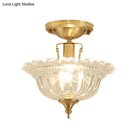 Contemporary Brass Ceiling Flush Mount With Flared Semi Ruffle Glass Shade - 1 Light